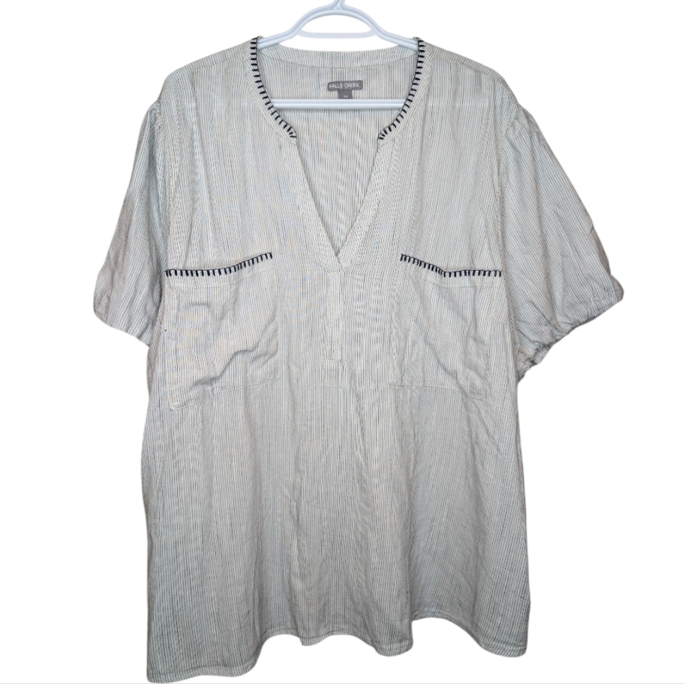 NWT Falls Creek White Navy Boho Striped Short Puff Sleeve Shirt Blouse 3XL Plus